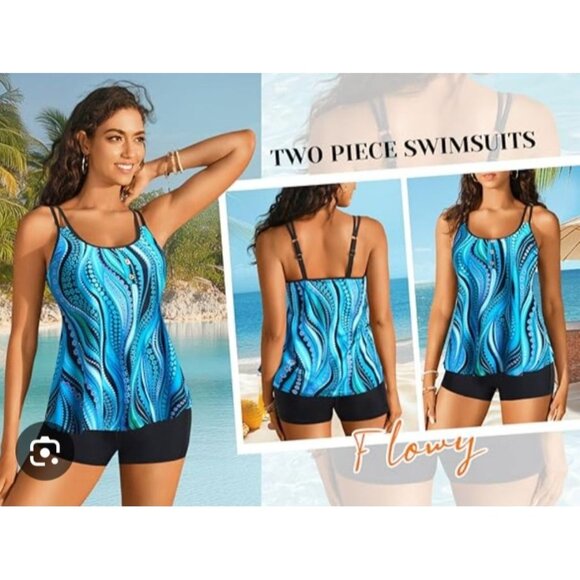 Yonique Womens Large Blue Tankini Swimsuit With Adjustable Straps & Boyshorts - Picture 2 of 13
